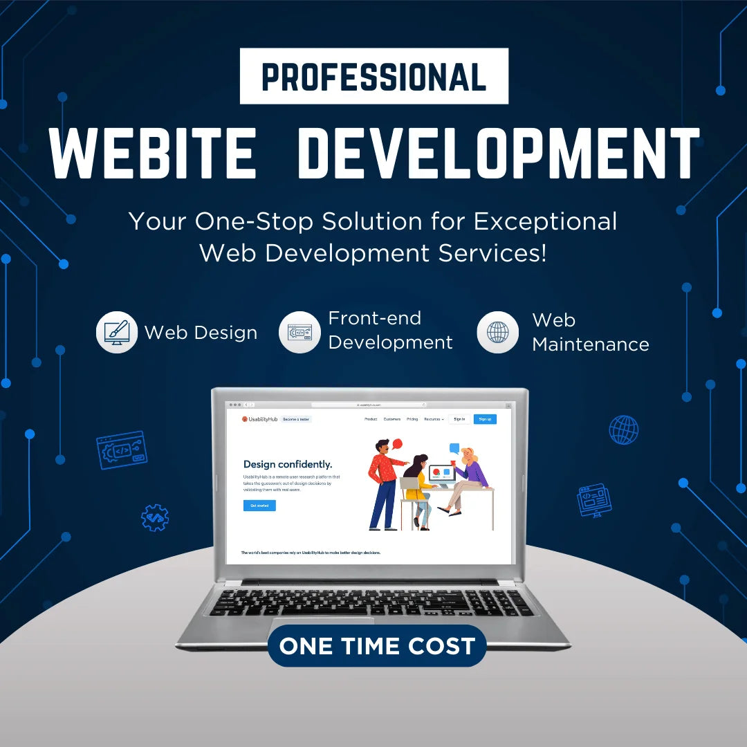 Laptop displaying a website on a blue background with text about professional website development services.