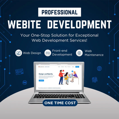 Laptop displaying a website on a blue background with text about professional website development services.