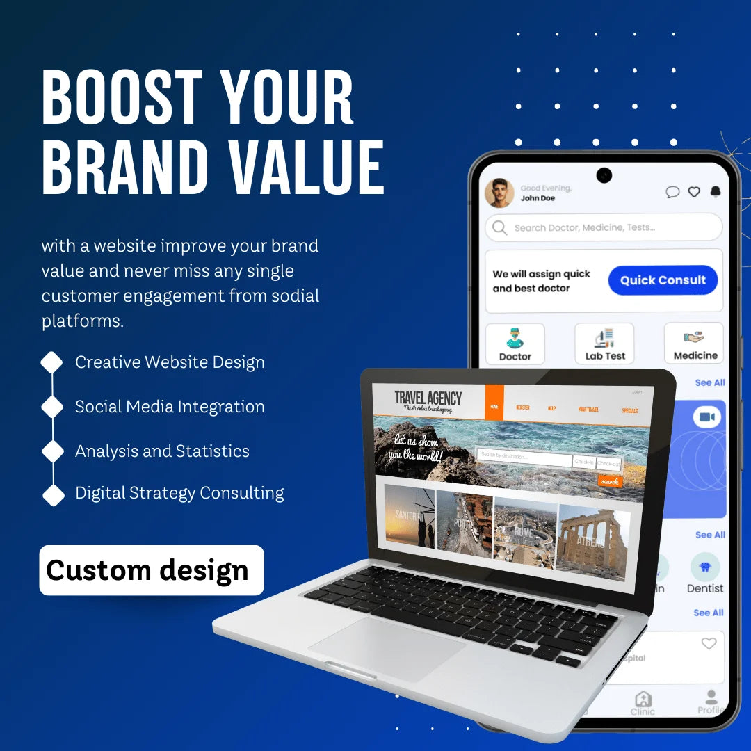 Promotional graphic for boosting brand value with website design and digital strategies on a blue background.