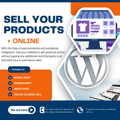 Advertisement for selling products online using WooCommerce and WordPress, featuring a computer screen with a store icon and WordPress logo.