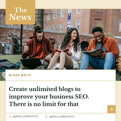 Three people sitting on a grassy area with text overlay about creating blogs for SEO.