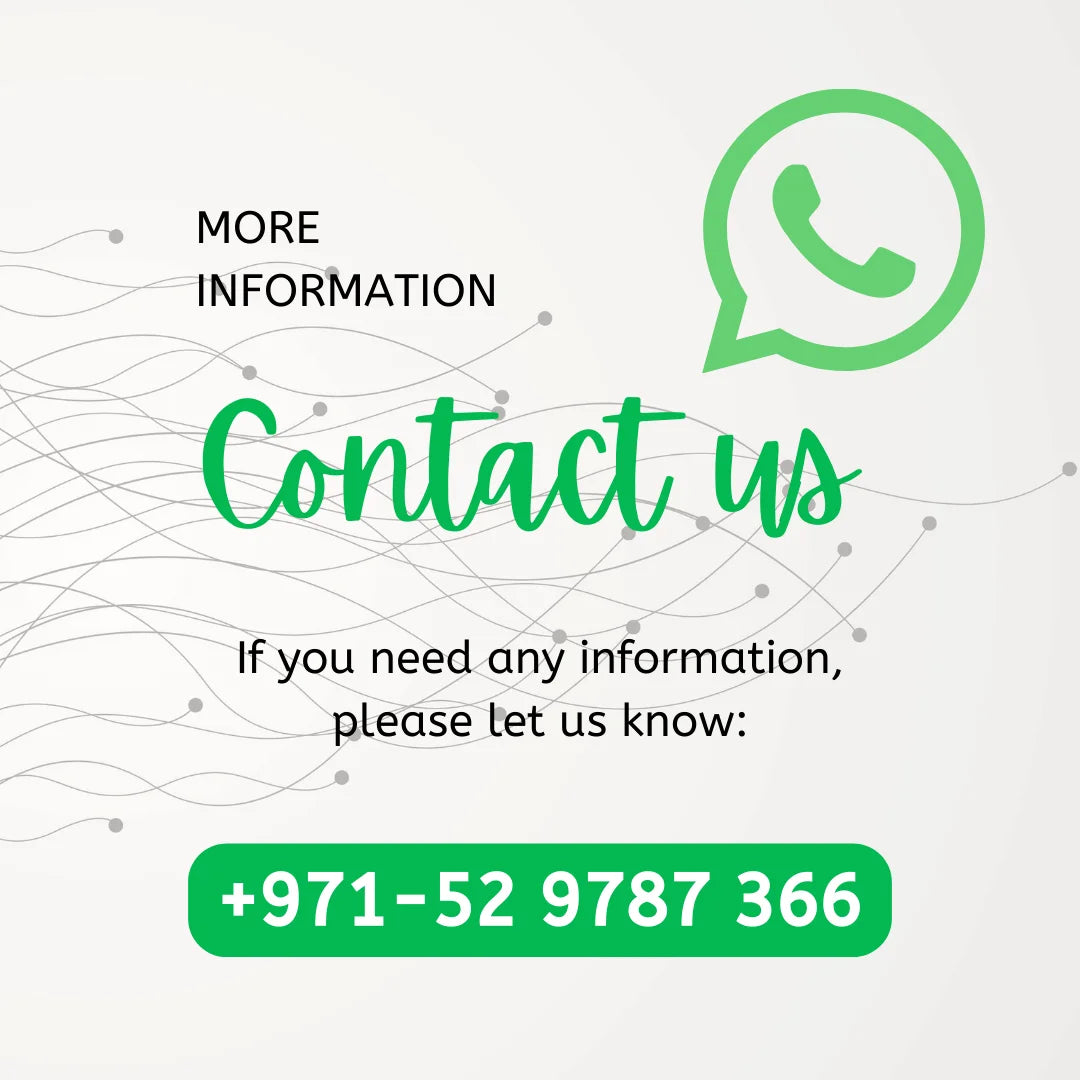 Contact information with WhatsApp icon and phone number on a light gray background