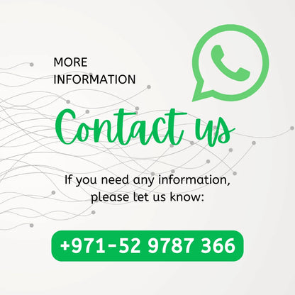 Contact information with WhatsApp icon and phone number on a light gray background