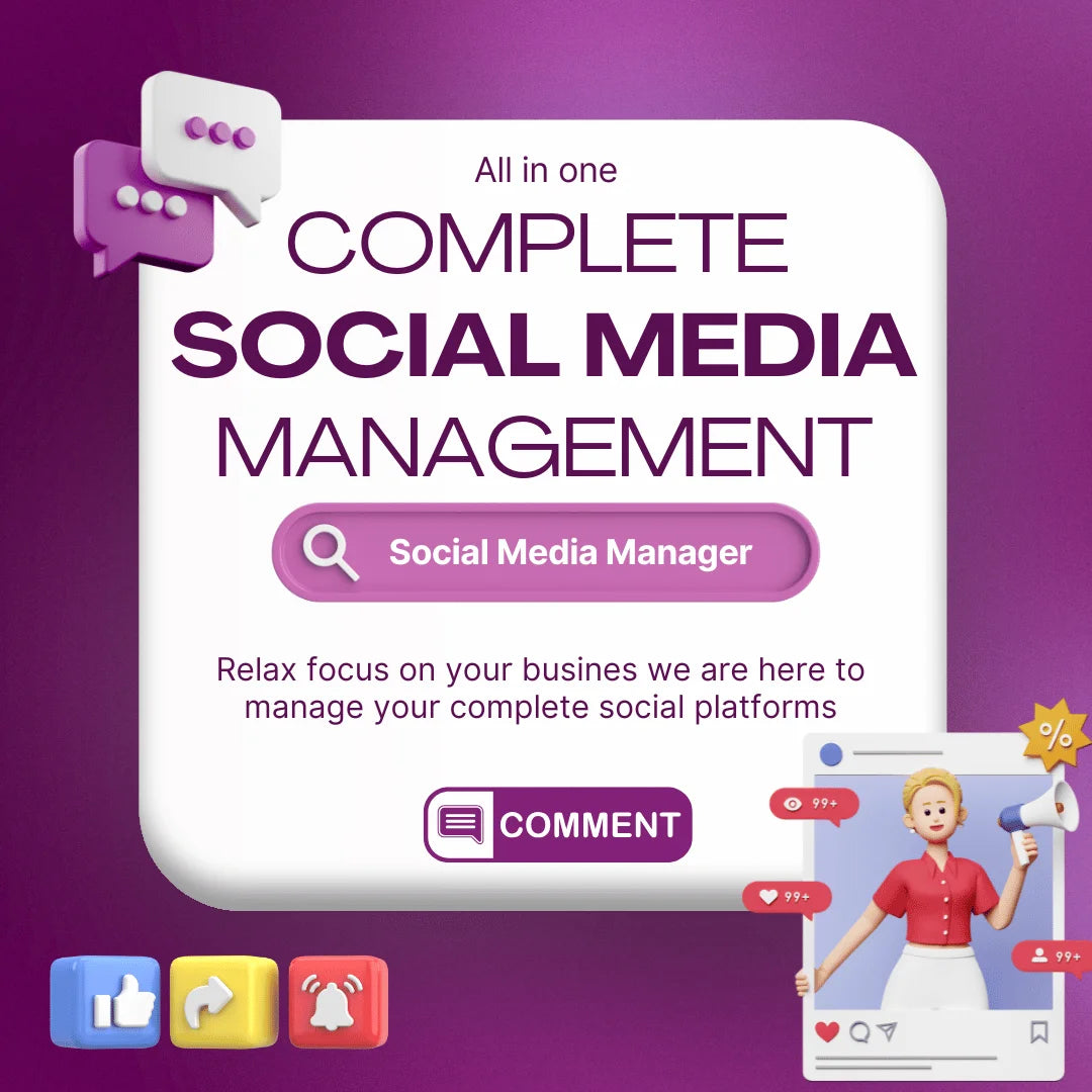Advertisement for a social media management service with colorful icons and text on a purple background.