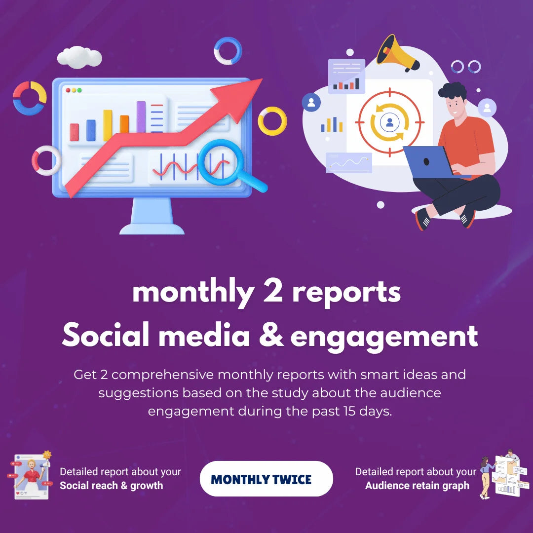Promotional graphic for monthly social media and engagement reports with a person using a laptop on a purple background.