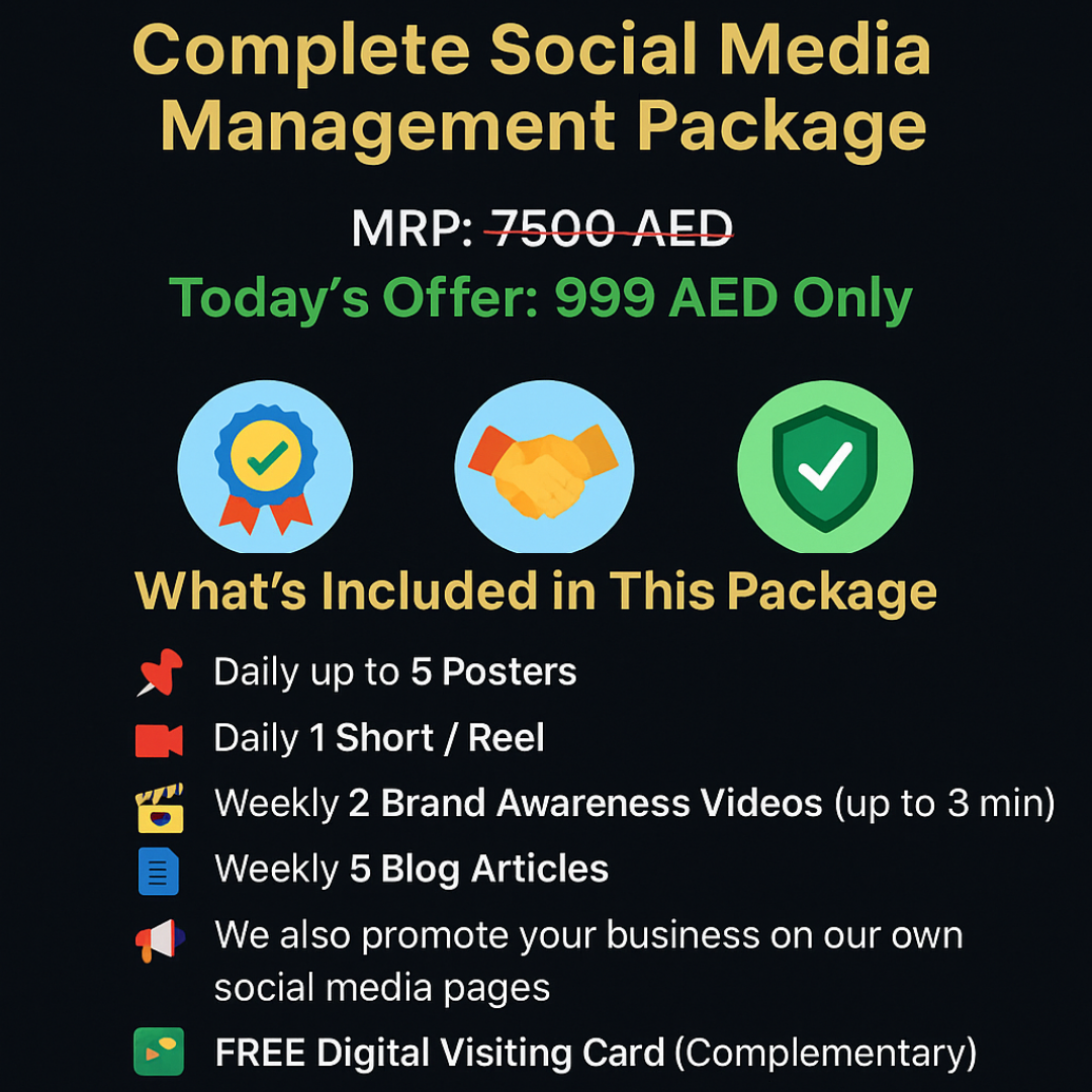 Promotional graphic for a social media management package with icons and text on a black background.
