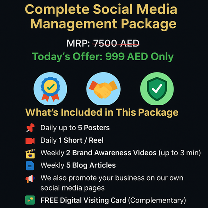 Promotional graphic for a social media management package with icons and text on a black background.