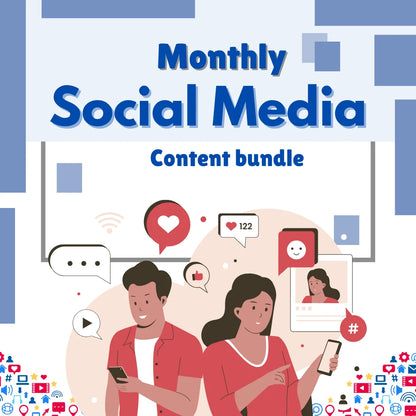 Cover of a 'Monthly Social Media Content Bundle' with illustrations of people using smartphones and social media icons.