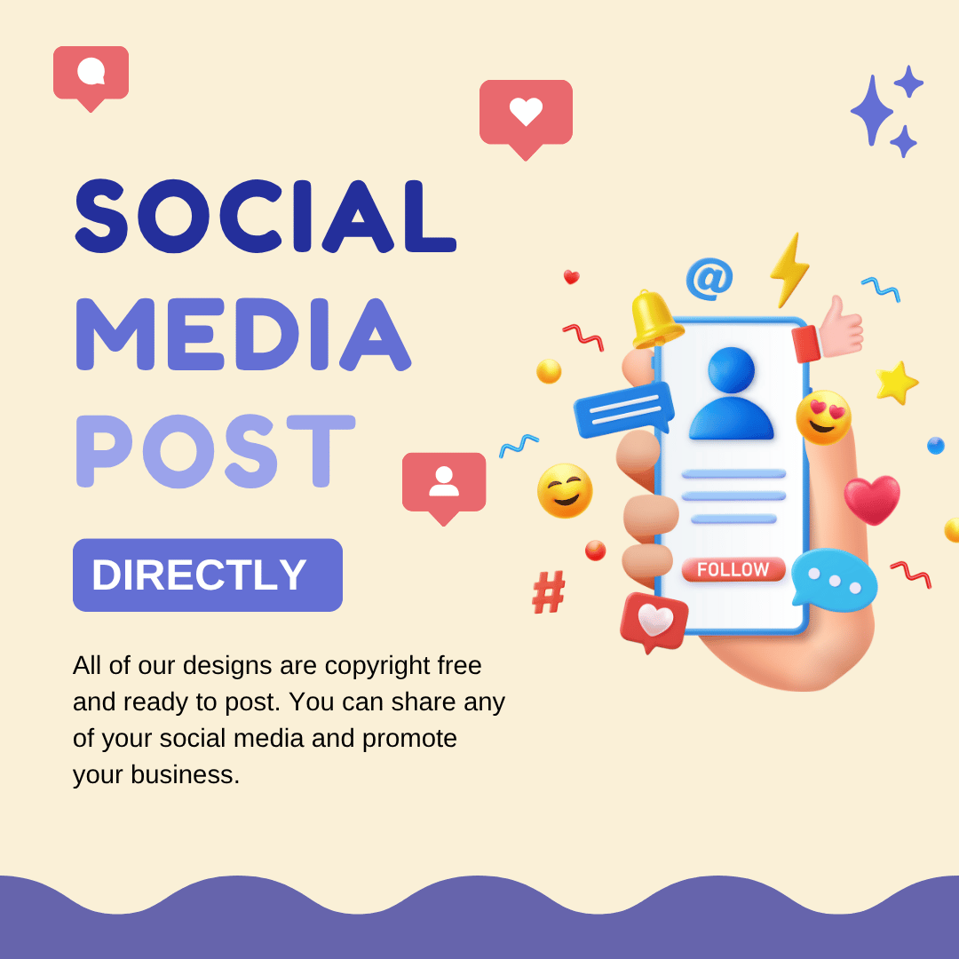 Promotional graphic for social media posts with colorful icons and text on a beige background.