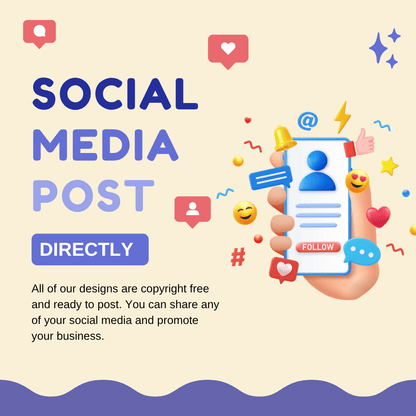 Promotional graphic for social media posts with colorful icons and text on a beige background.