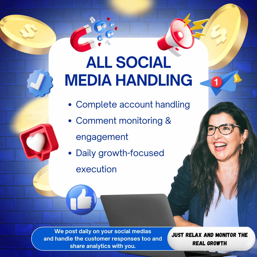 Promotional graphic for social media handling services with a woman using a laptop and various social media icons.