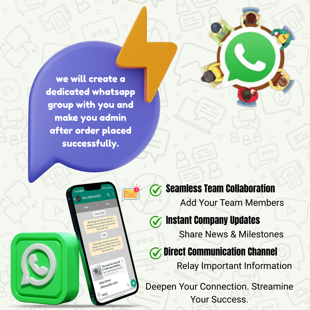 Promotional graphic for creating a WhatsApp group with order confirmation, featuring WhatsApp logo and smartphone.