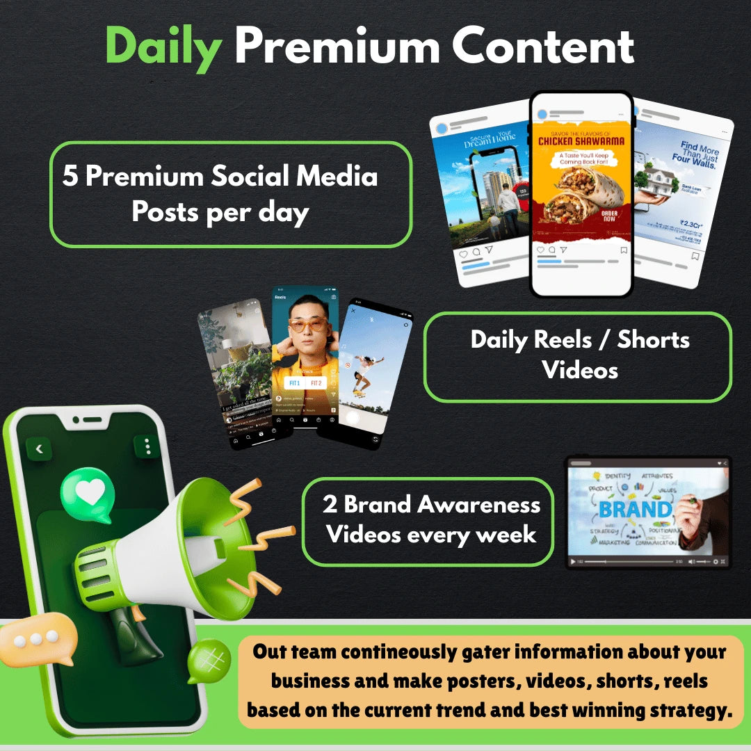 Promotional graphic for daily premium content services with smartphone illustrations and text on a dark background.