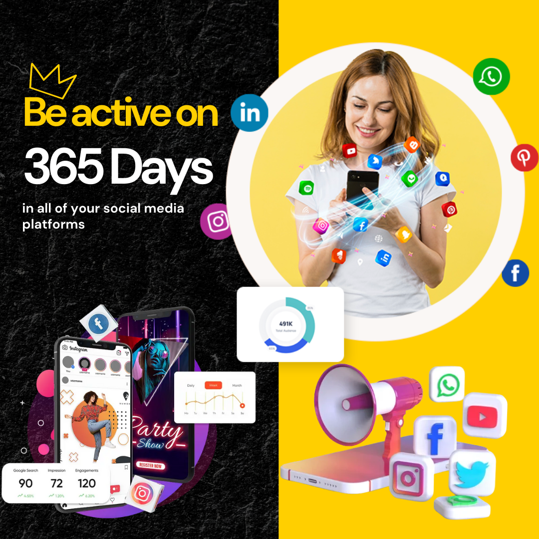 Promotional graphic encouraging active social media presence with a woman using a phone and various social media icons.