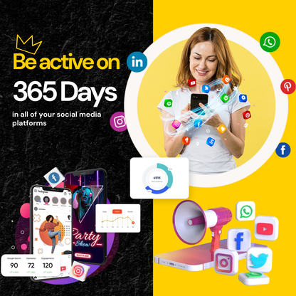 Promotional graphic encouraging active social media presence with a woman using a phone and various social media icons.