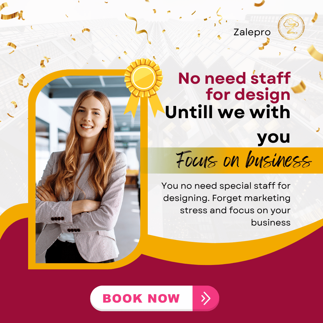 Promotional graphic with a woman, award ribbon, and text about Zalepro's design services.