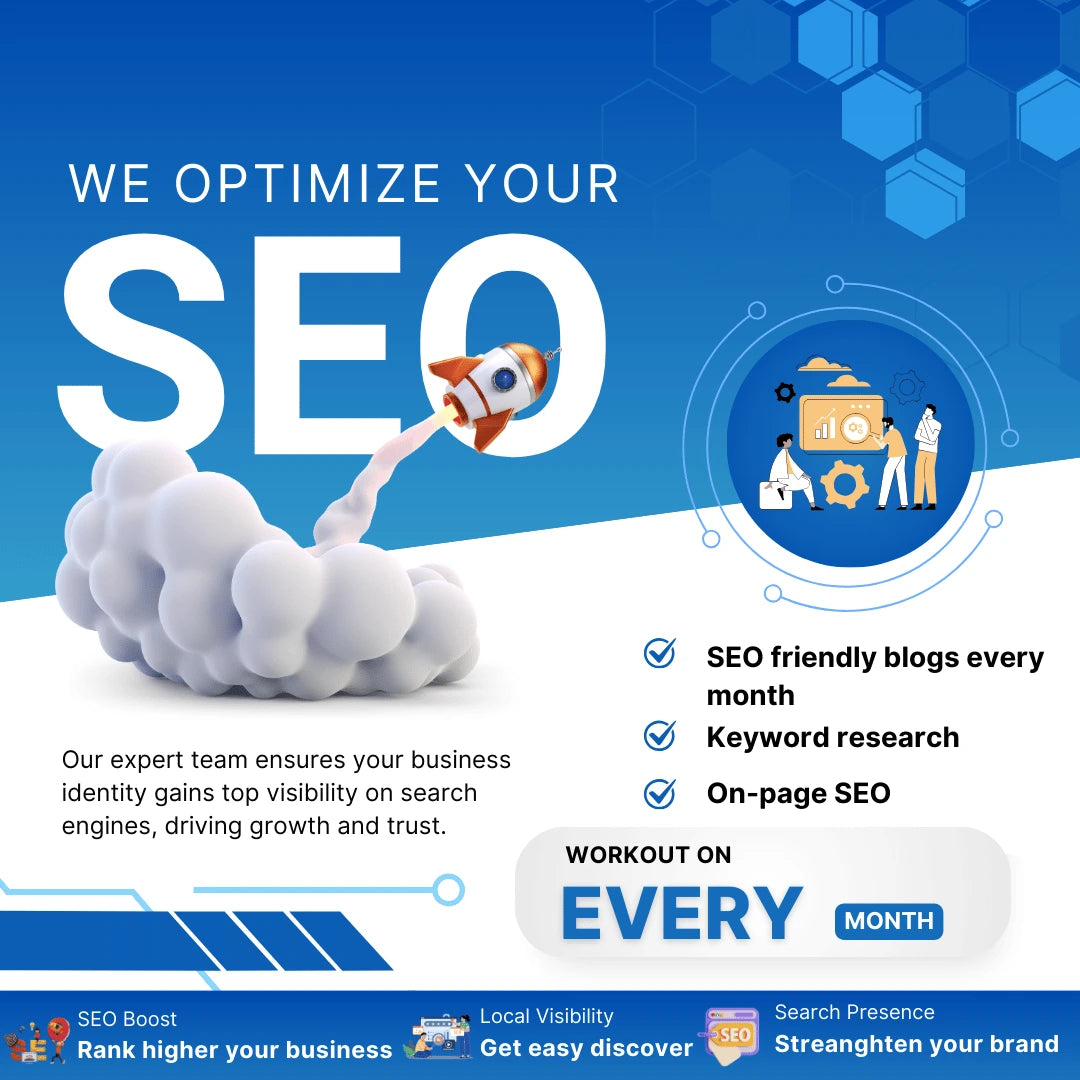 Advertisement for SEO optimization services with cloud and gear icon on blue background