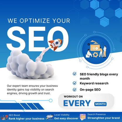 Advertisement for SEO optimization services with cloud and gear icon on blue background