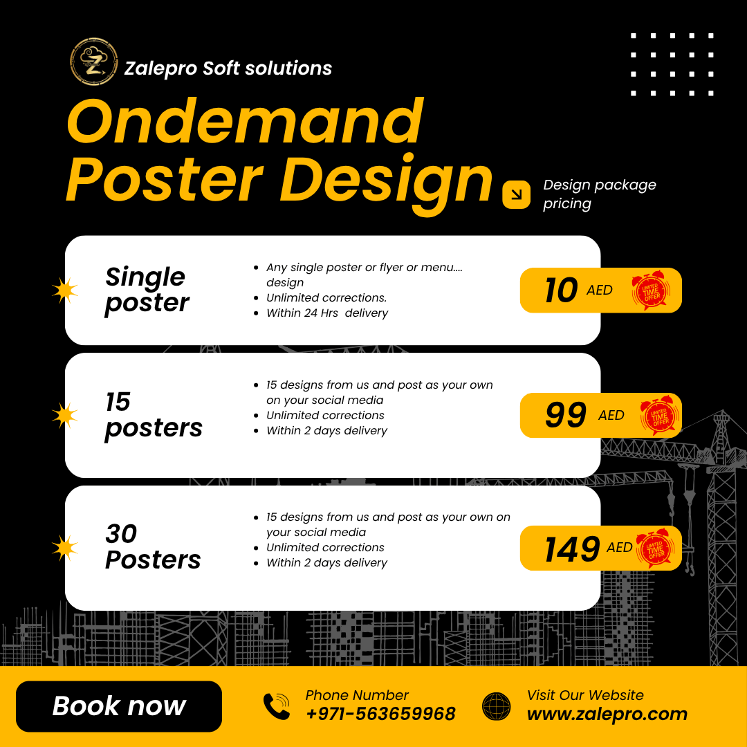 Zalepro Soft solutions poster design pricing plan with contact information on a black background