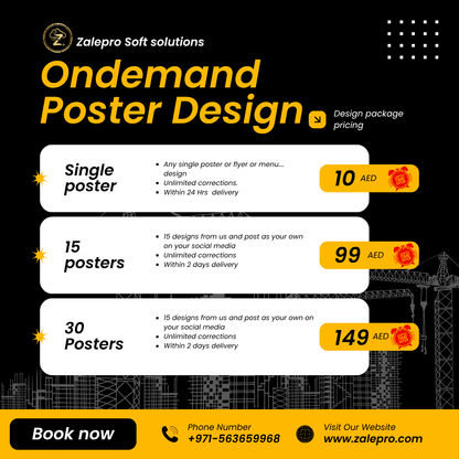 Zalepro Soft solutions poster design pricing plan with contact information on a black background