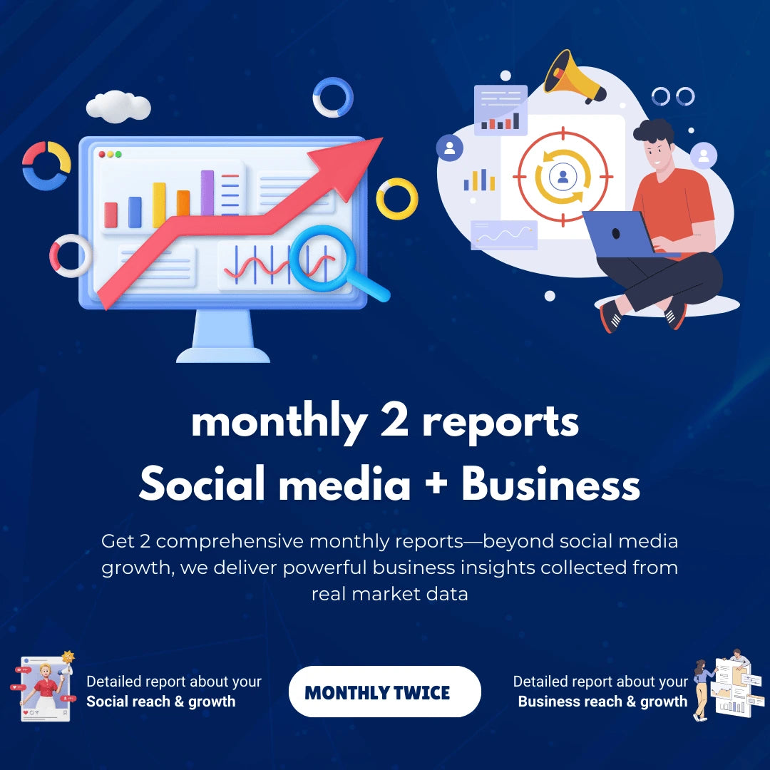 Promotional graphic for monthly social media and business reports with a person working on a laptop and a computer screen showing graphs.