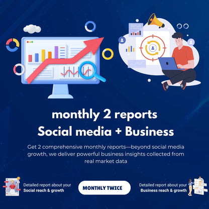 Promotional graphic for monthly social media and business reports with a person working on a laptop and a computer screen showing graphs.