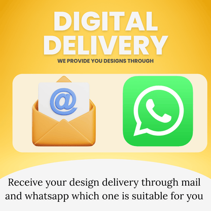 Promotional graphic for digital design delivery through email and WhatsApp on a yellow background.