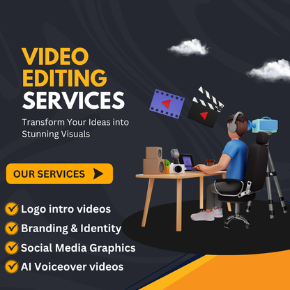 Advertisement for video editing services with a person at a desk and video editing equipment.