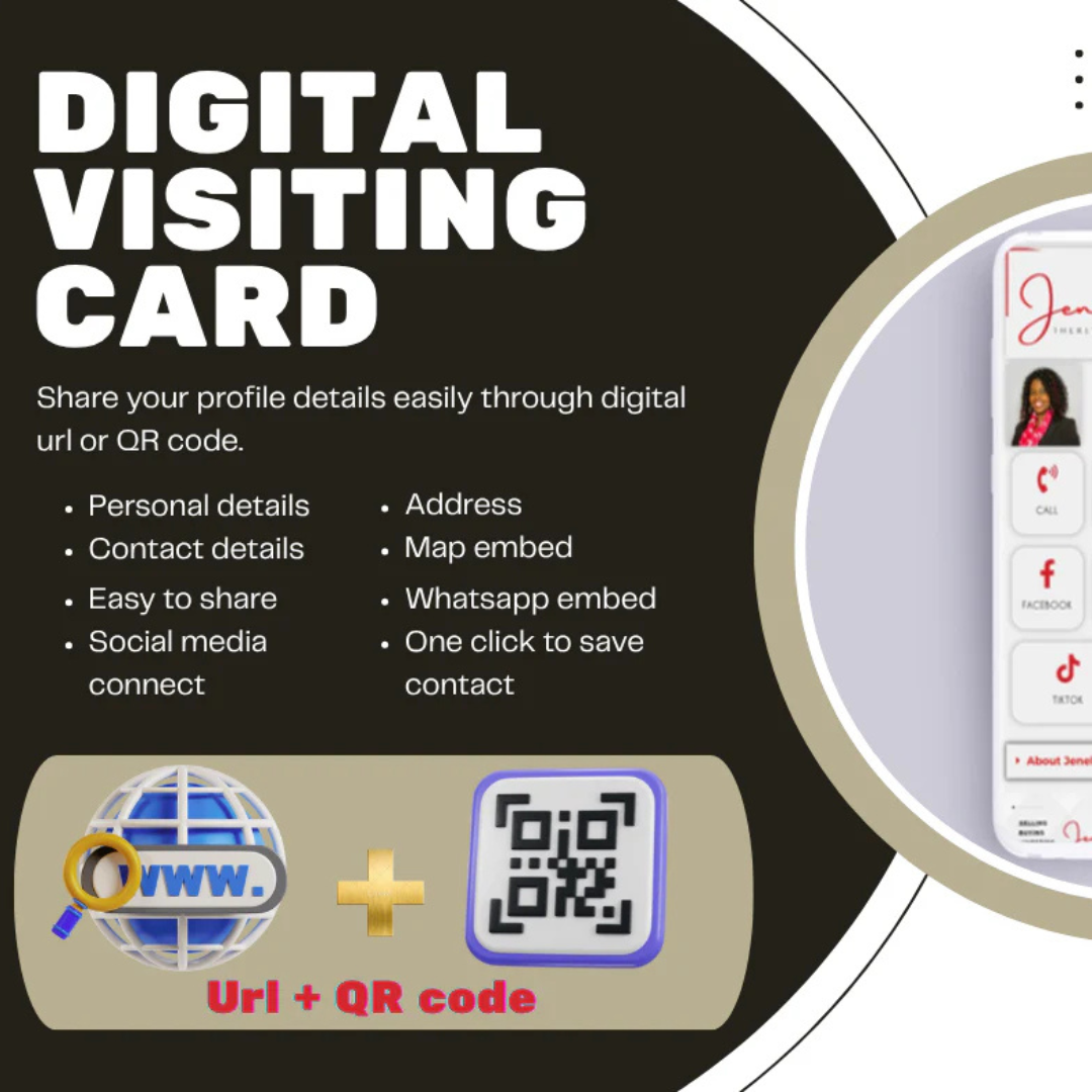 Digital visiting card with URL and QR code features on a black background