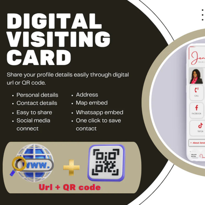 Digital visiting card with URL and QR code features on a black background