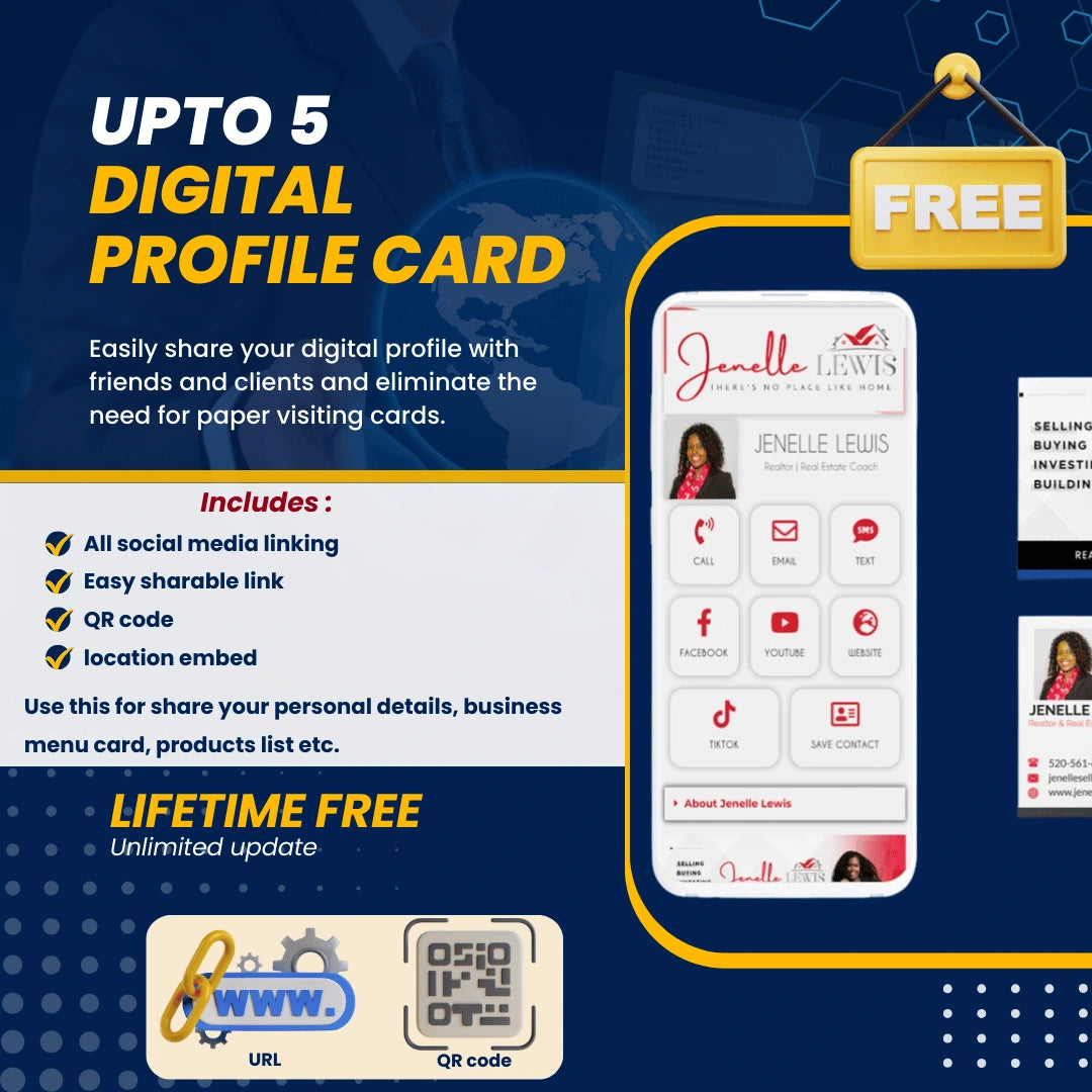 Promotional graphic for a digital profile card app with features and benefits highlighted.