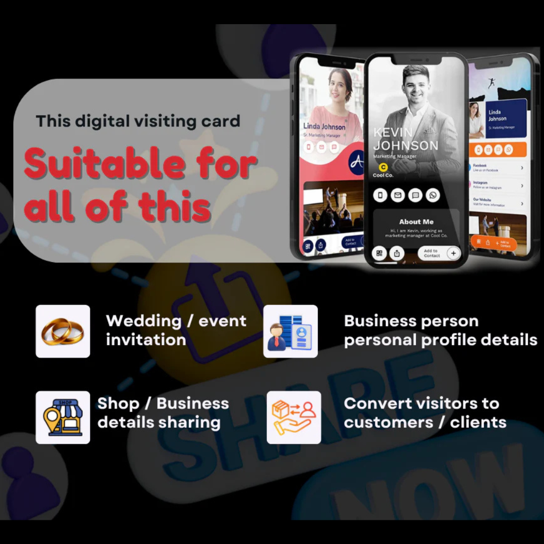 Digital visiting card displayed on a smartphone with text and icons indicating its uses.