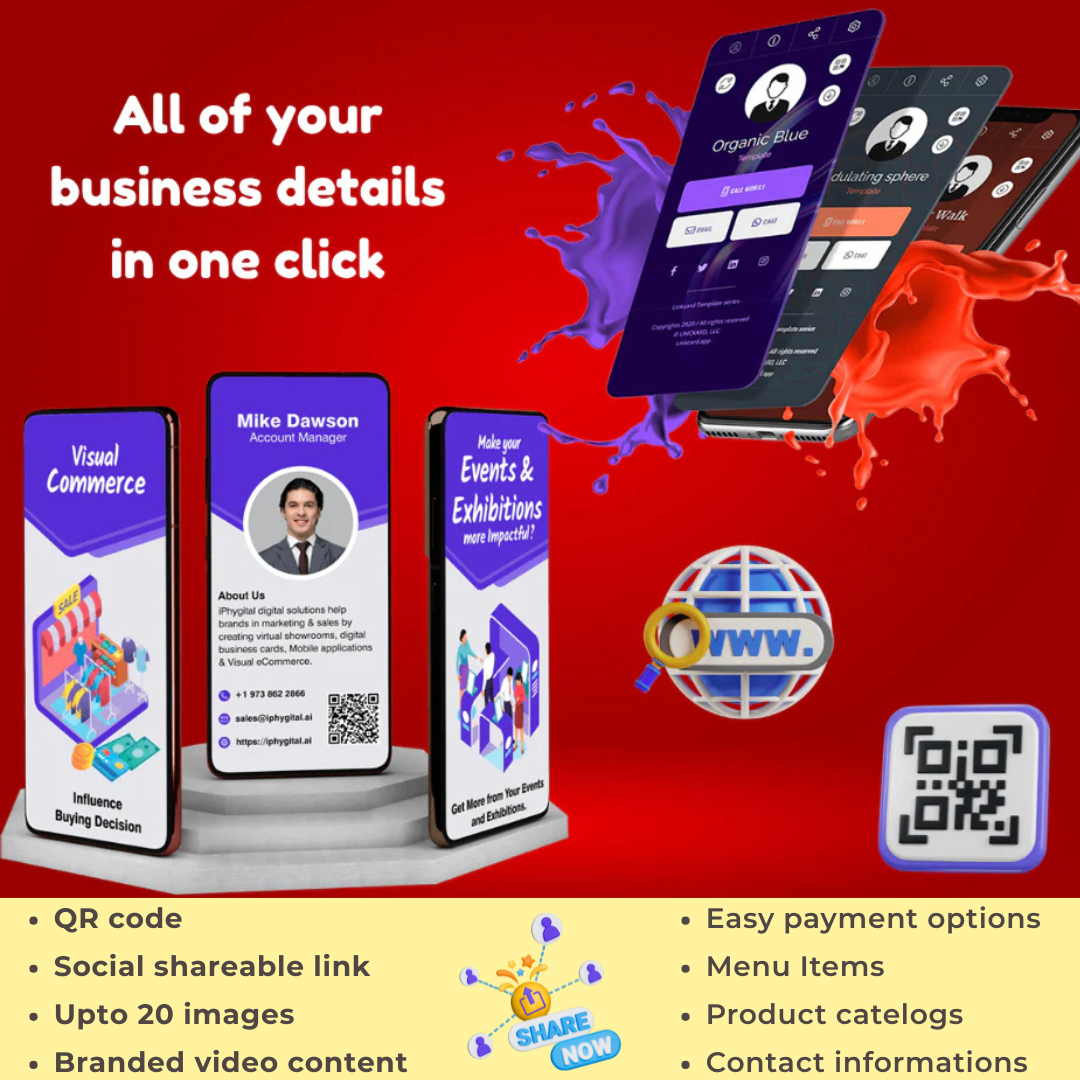 Promotional graphic with smartphone screens displaying business information on a red background, featuring the TWW logo.