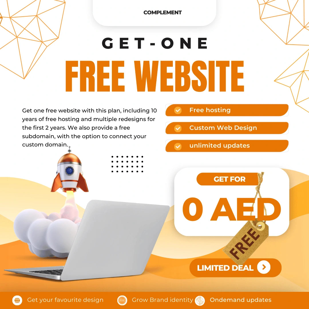 Promotional graphic for getting a free website with various benefits on an orange and white background.