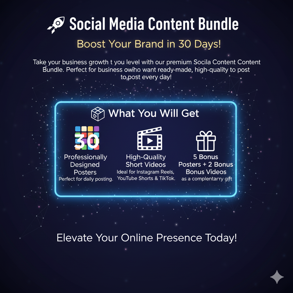 Promotional graphic for a Social Media Content Bundle with text and icons on a dark background.