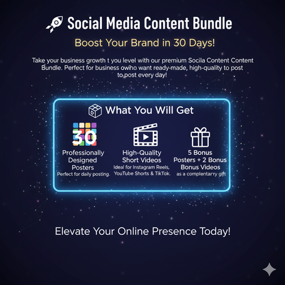 Promotional graphic for a Social Media Content Bundle with text and icons on a dark background.