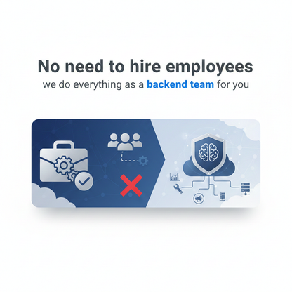 Promotional graphic for a backend team service with icons and text on a blue and white background.
