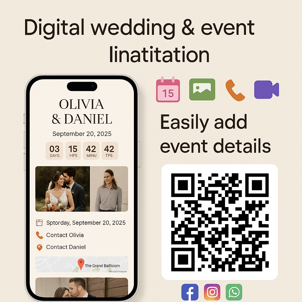 Digital wedding and event invitation app with phone screen showing event details and QR code.