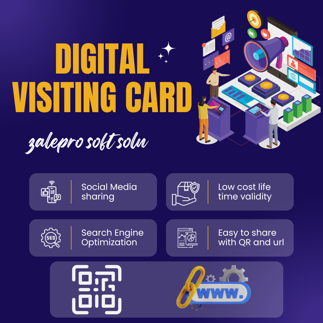 Digital visiting card service advertisement with icons and text on a dark blue background