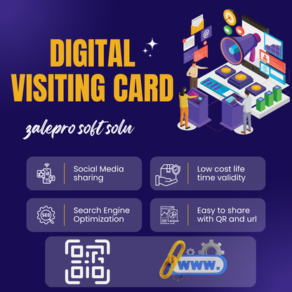 Digital visiting card service advertisement with icons and text on a dark blue background