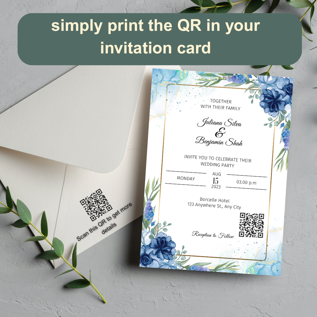 Wedding invitation card with blue floral design and QR code on a gray surface.