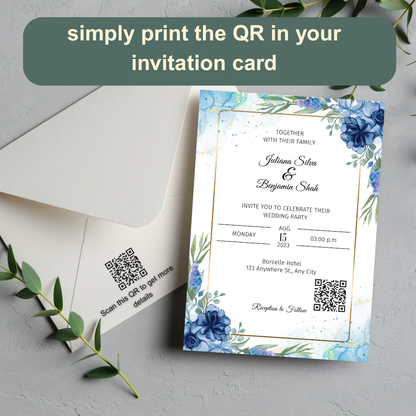Wedding invitation card with blue floral design and QR code on a gray surface.